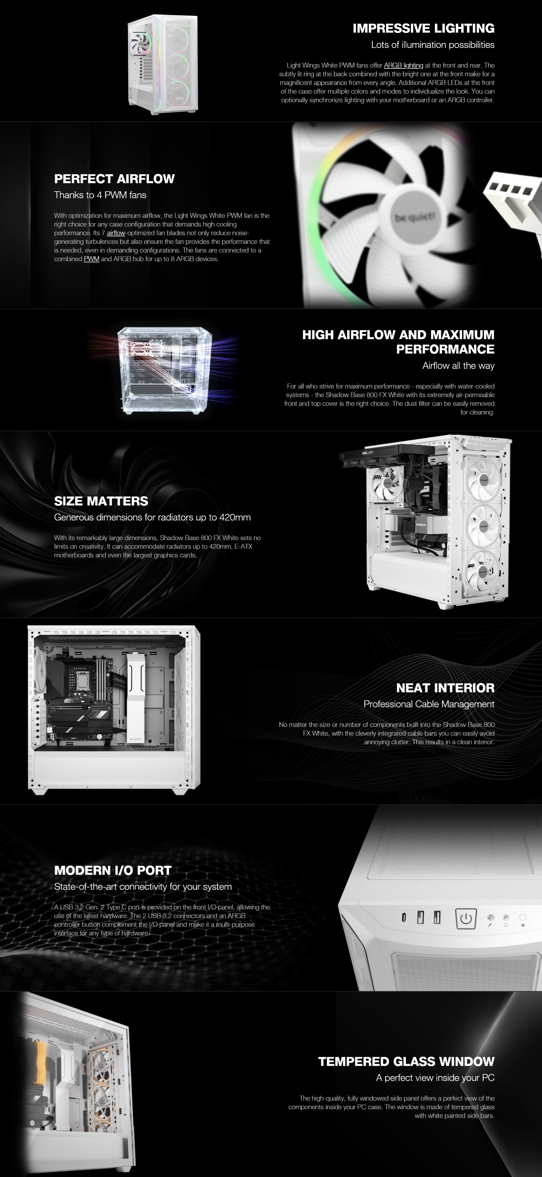 A large marketing image providing additional information about the product be quiet! SHADOW BASE 800 FX Mid Tower Case - White - Additional alt info not provided